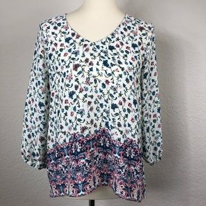 Eyeshadow Cream Pink Blouse‎ Top Shirt Floral High Low Women’s V Neck Sz S